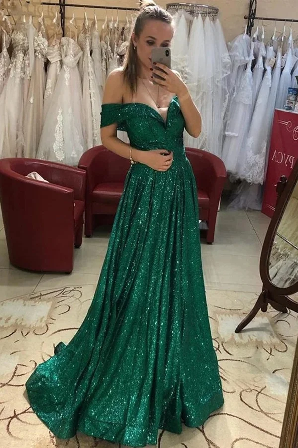 Luluslly Off-the-Shoulder Green Sequins Prom Dress