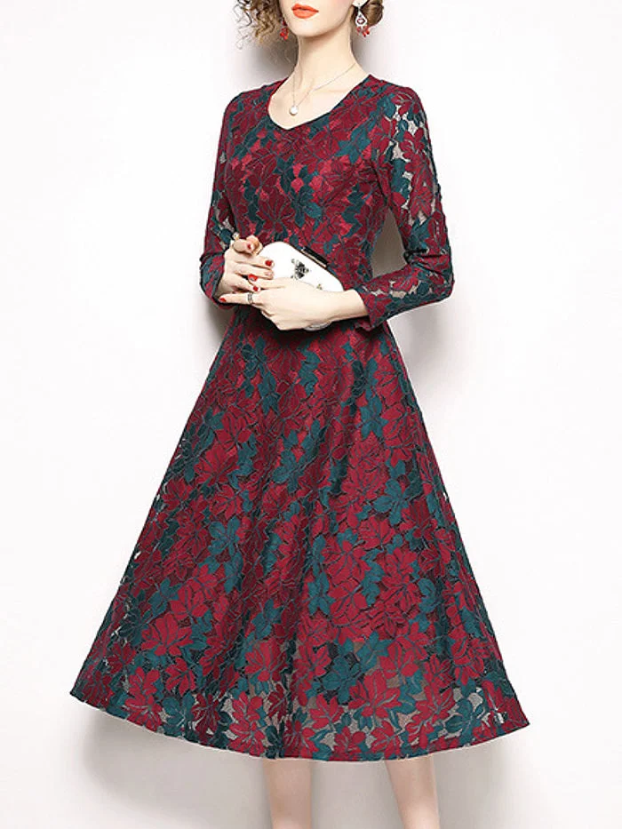 Slim V-neck Long-sleeved Lace Mid-length Dress