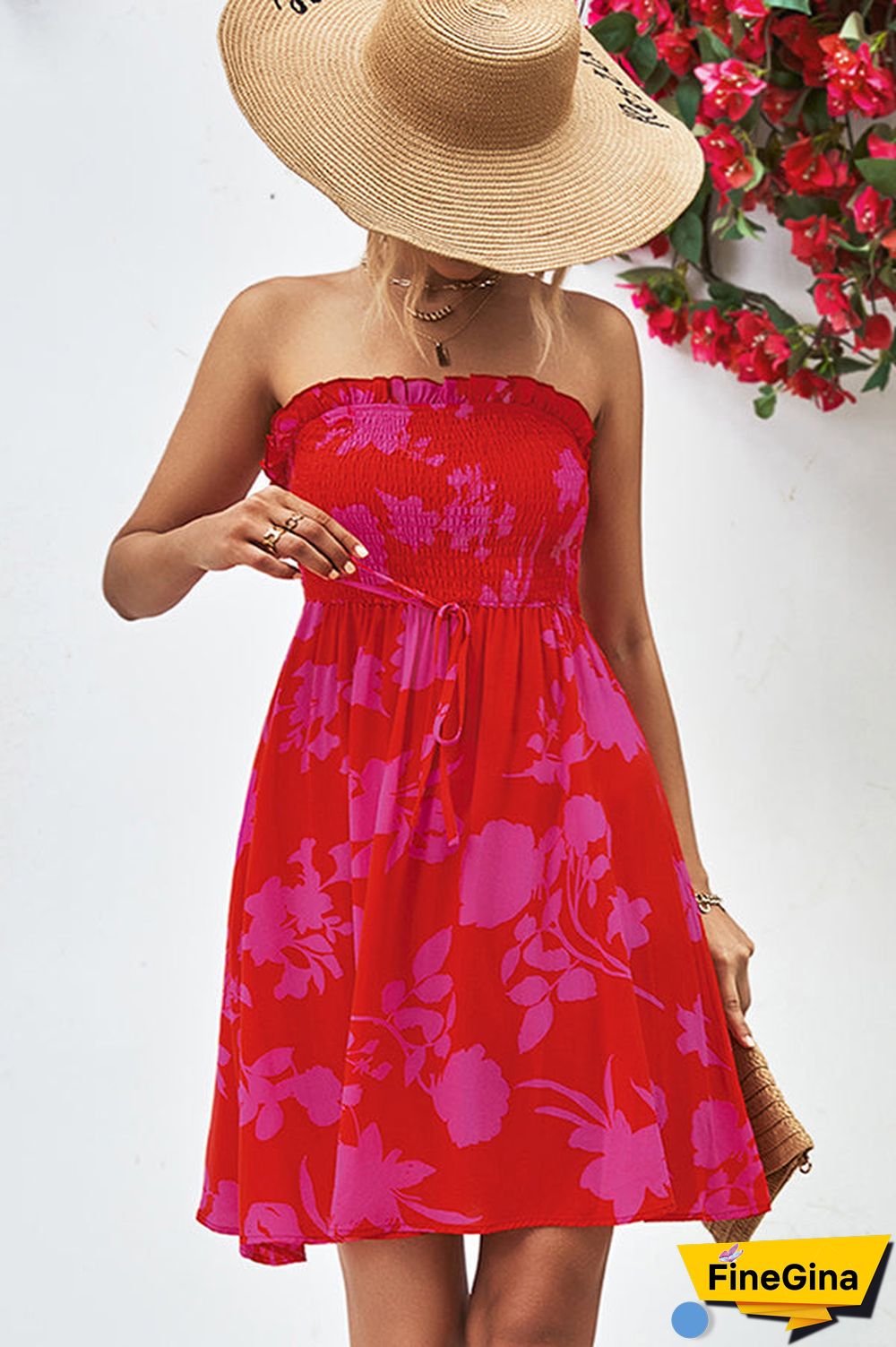 Smocked Frill Bandeau Floral Print Mini Dress