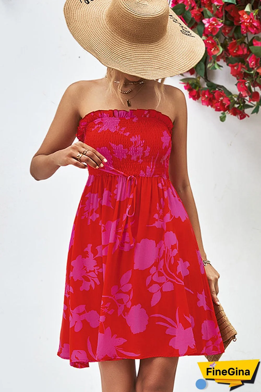 Smocked Frill Bandeau Floral Print Mini Dress