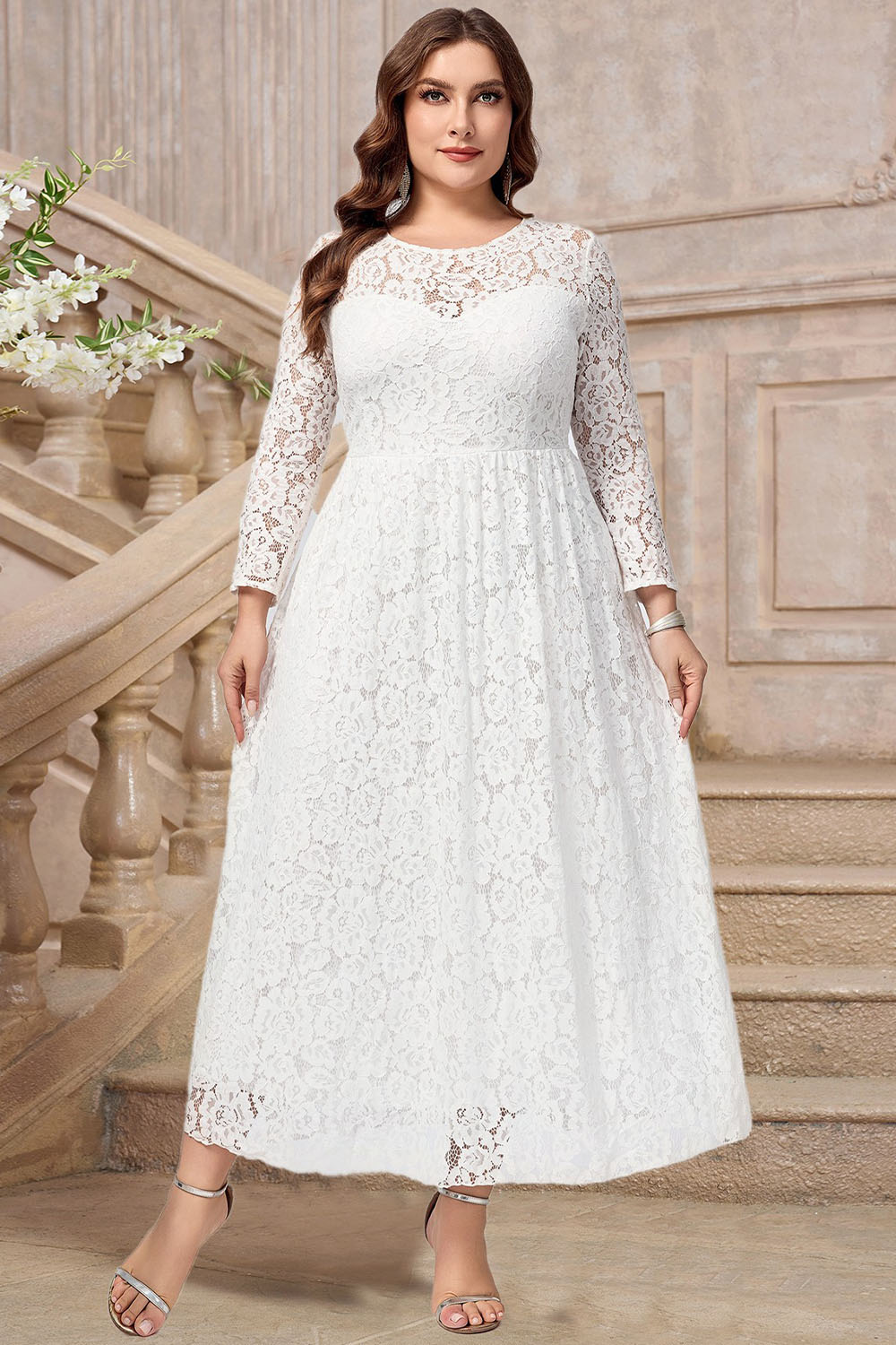 Plus Size Formal White Lace Hollow Out Long Sleeve Tea-Length Dress