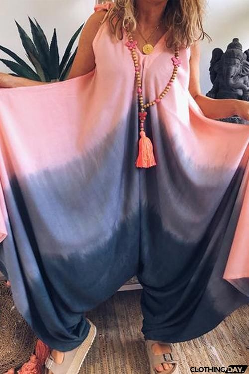 Tie Dye Bow Tie Loose Slip Jumpsuit