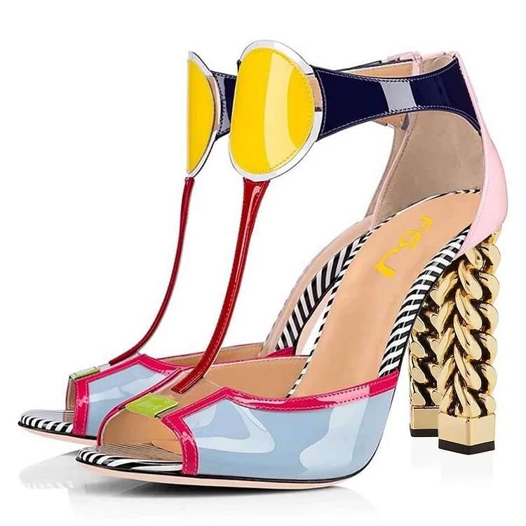Multicolor Patent Leather Peep Toe T-Strap Block Heel Sandals |FSJ Shoes