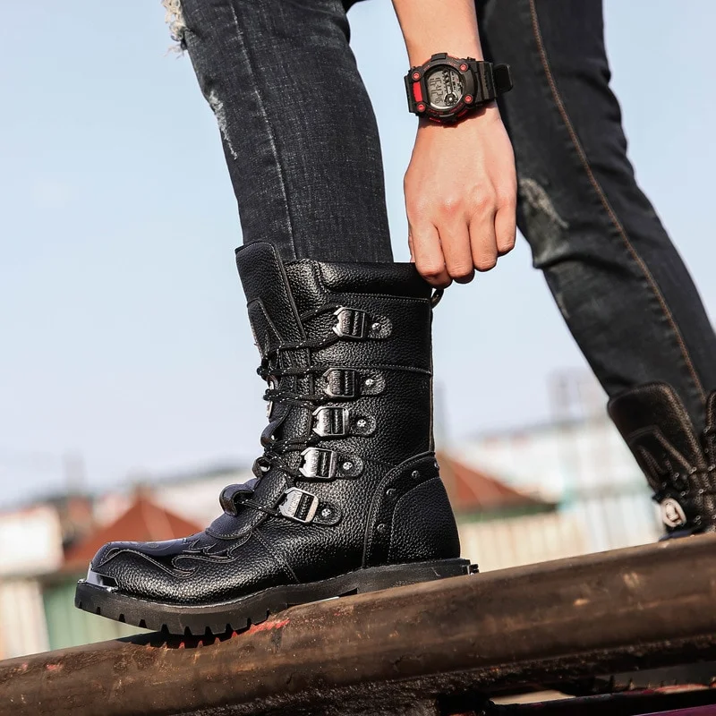 Churchf Men Military Boots PU Leather Motorcycle Boots Punk Boots Warm Shoes Knight Boots Black Desert Combat Tactical Steel Toe Shoes
