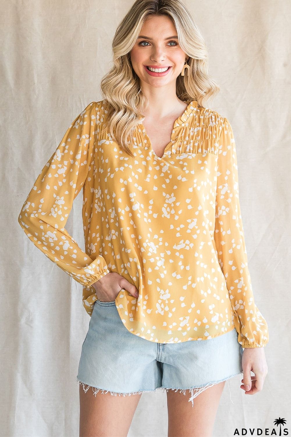 Printed Notched Neck Smocked Blouse