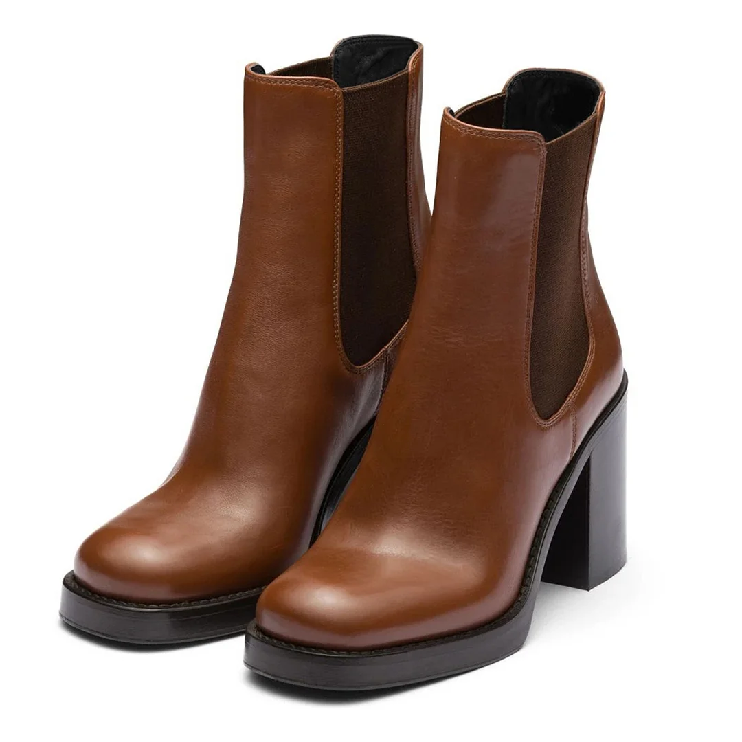 YDN Brown Square Toe Chunky Heel Chelsea Short Boots for Women