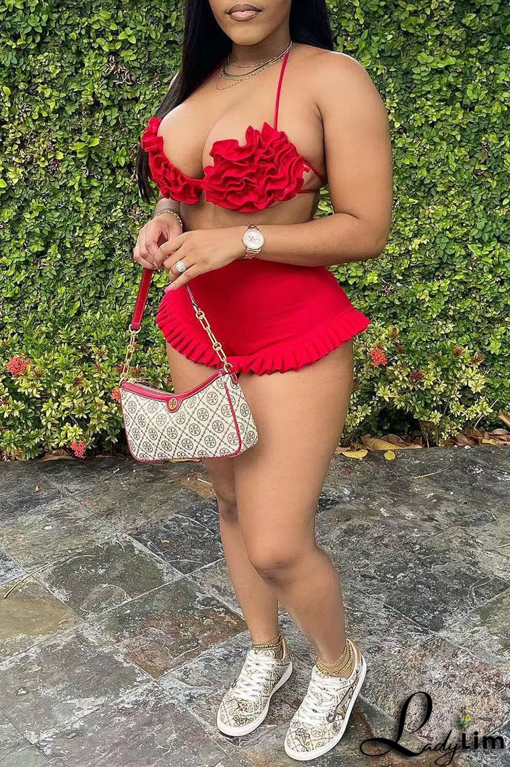 Pink Sexy Solid Split Joint Halter Sleeveless Two Pieces