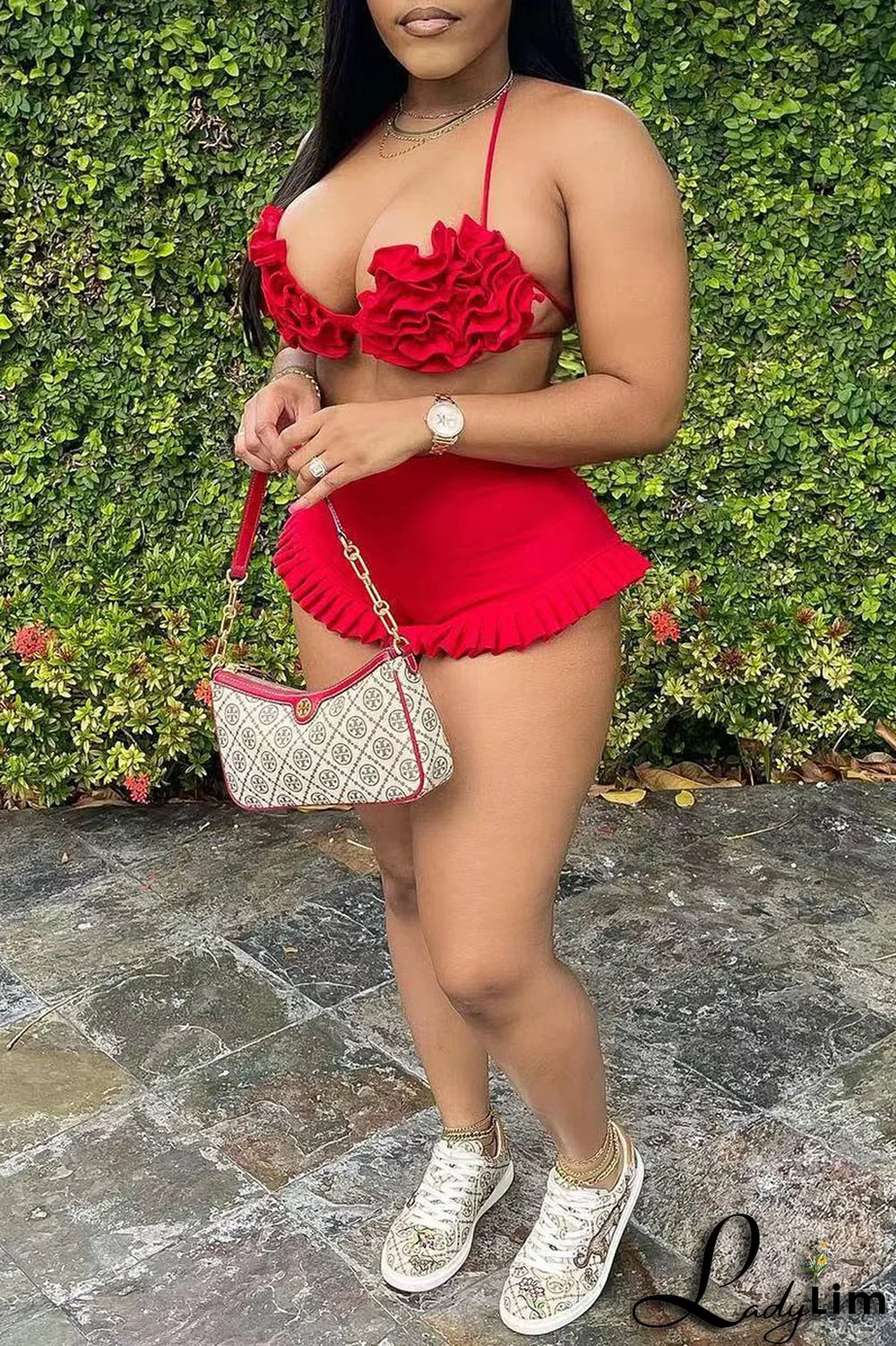 Pink Sexy Solid Split Joint Halter Sleeveless Two Pieces