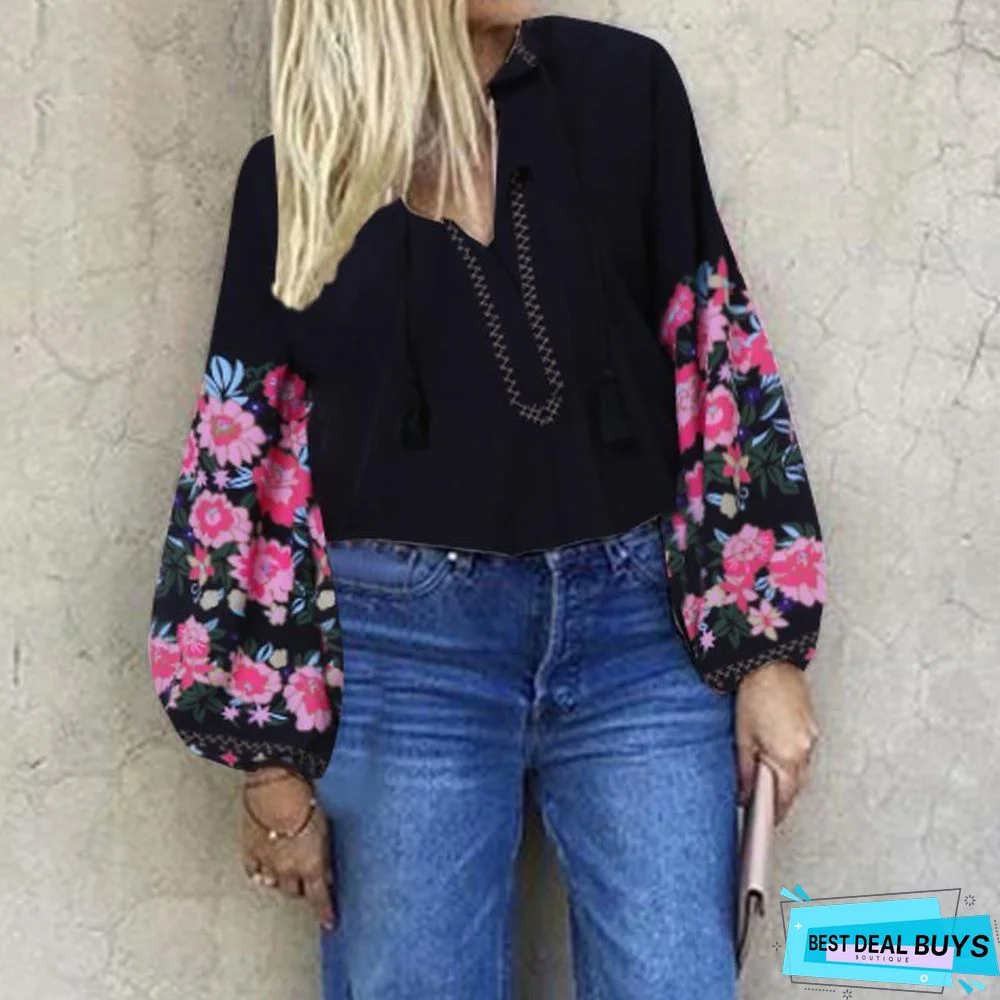 Women Elegant Puff Sleeve Fashion Printed Bohemian V Neck Casual Floral Blouse Tops