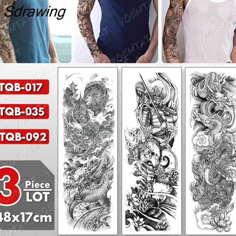 Sdrawing pcs/lot Large Arm Sleeve Tattoo Dragon Waterproof Temporary Tatto Sticker Samurai Prajna Body Art Full Fake Tatoo Women Men