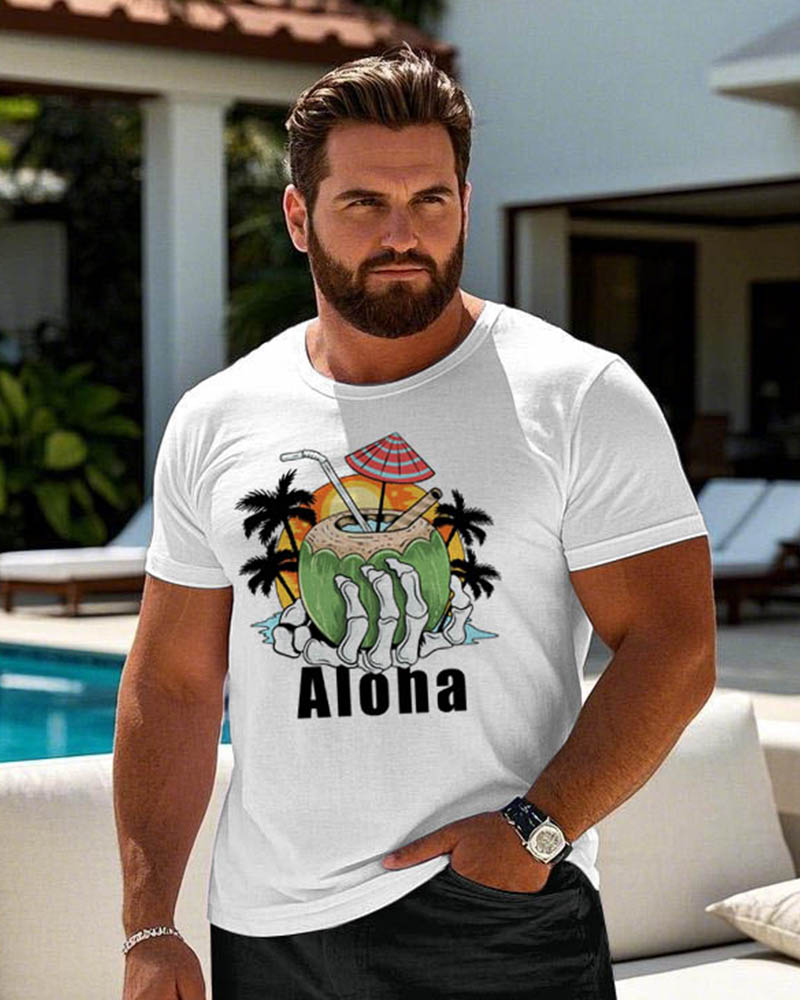 Men's Plus Size Hawaii Hello Coconut Coconut Corsage Printed Round Neck Short Sleeve T-Shirt