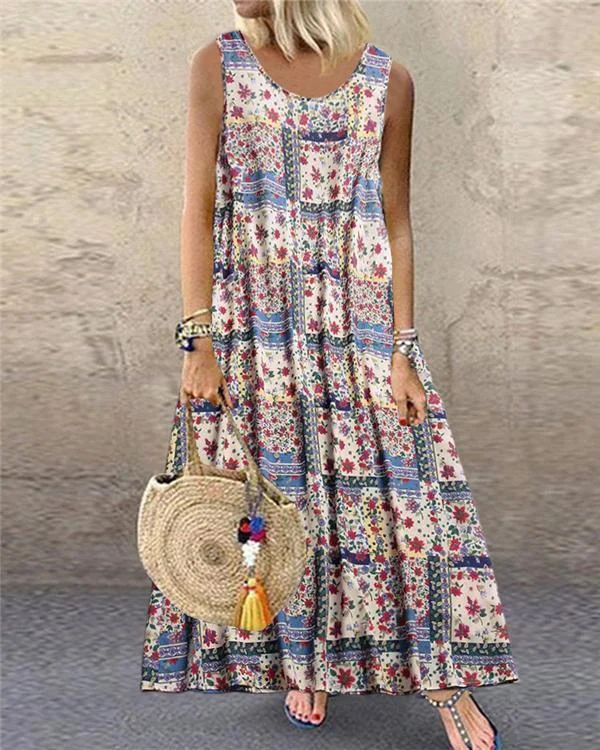 bohemian print sleeveless summer plus size maxi dress p114403