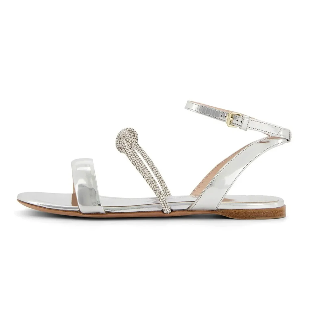 Silver Round Toe Rhinestone Knot Ankle Strap Flat Sandals for Women