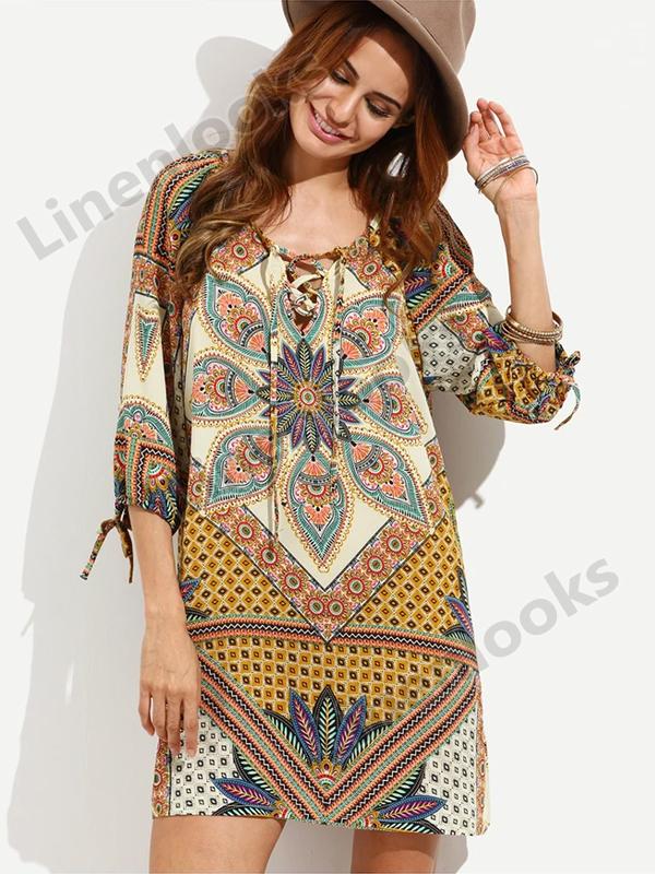 Bohemian Tribal Print Floral Short Flower Multicolor O Neck Midi Dresses