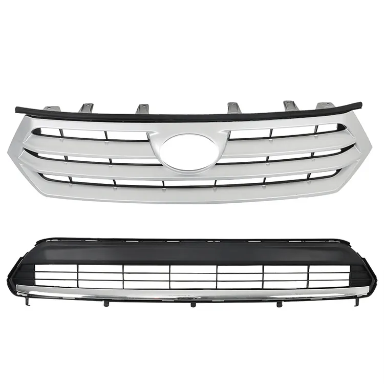 Silscvtt Front Bumper Hood Grille Upper and Lower Glossy Black with Chrome Molding Mesh Style Replacement for 2011 2013 Toyota Highlander