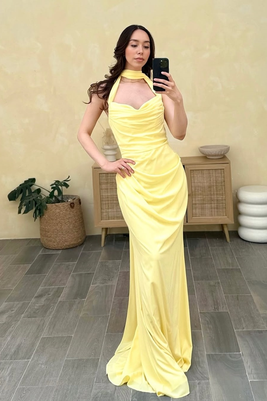 Ovlias Daffodil Yellow Halter Strap Prom Dress Floor Length Mermaid Pleated JQ0001