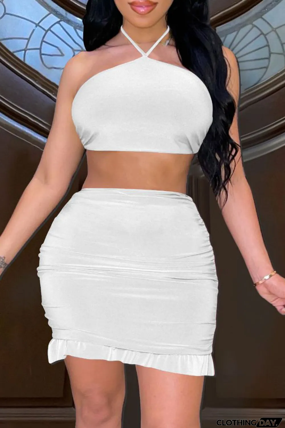 White Fashion Sexy Solid Bandage Backless Strapless Sleeveless Two Pieces