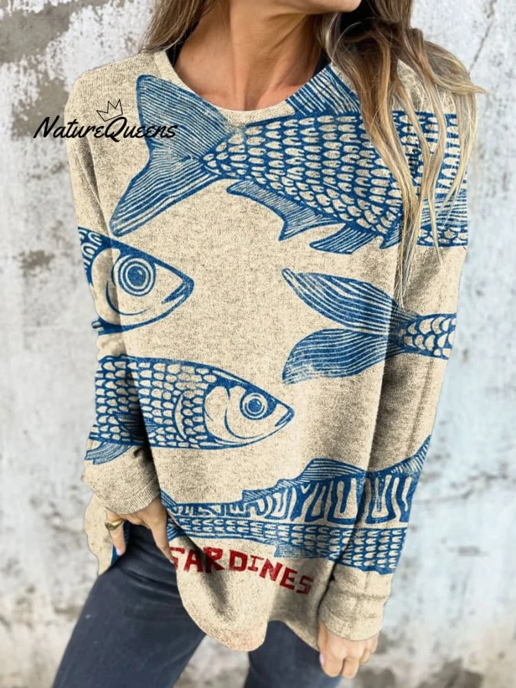 Women's Vintage Fish Sardines Art Print Button Back Casual Knitted Shirt