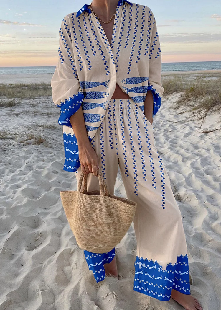 Retro fish pattern print two piece set