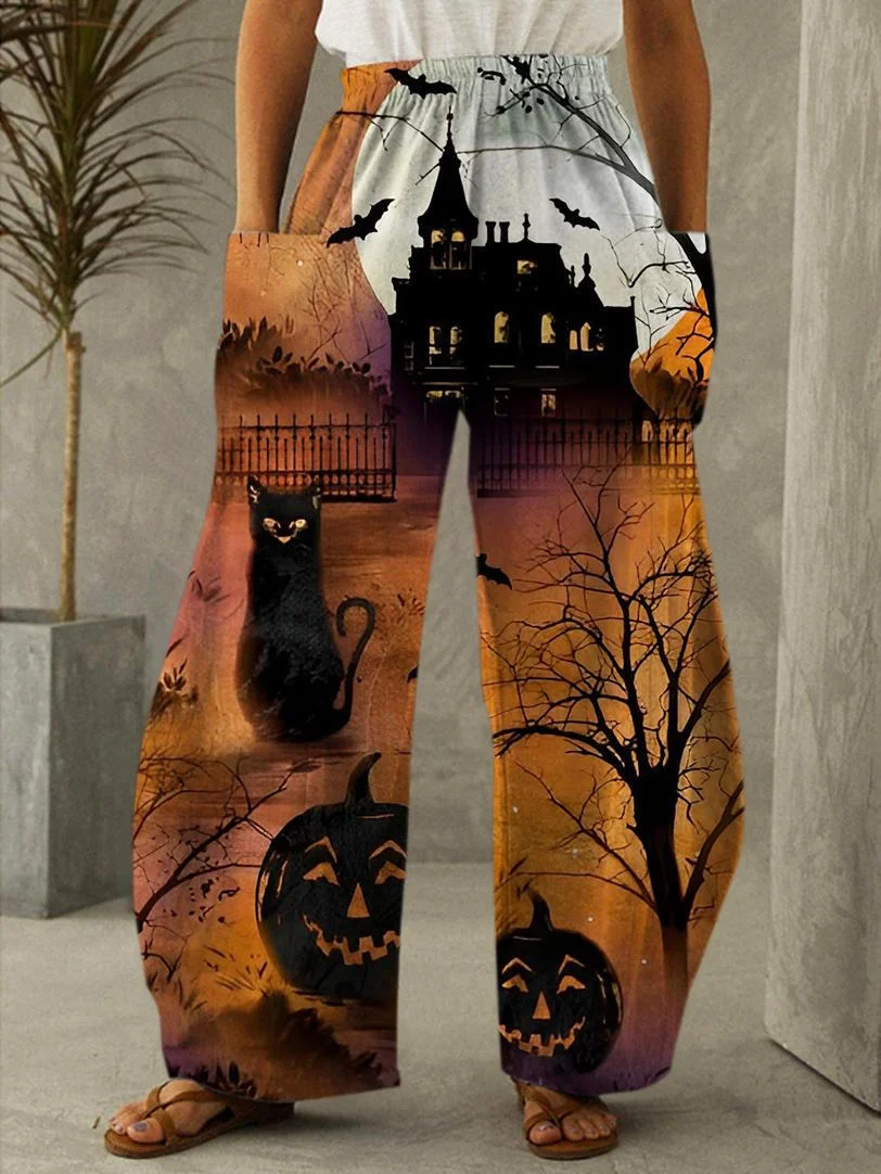 Horror Night Tree Moon Printed Casual Pants