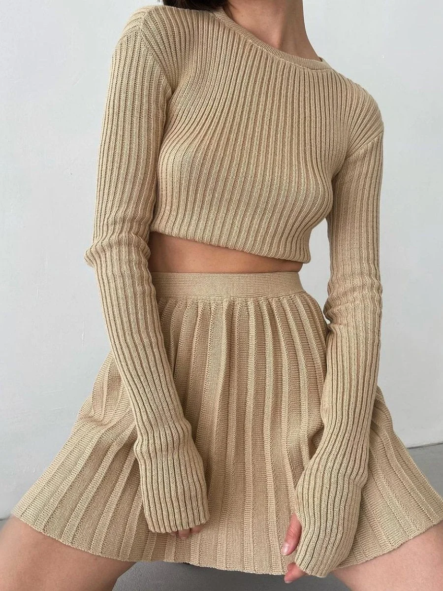 Women's 2 Piece Outfits Knitted Long Sleeve Crop Top Mini Pleated Dress