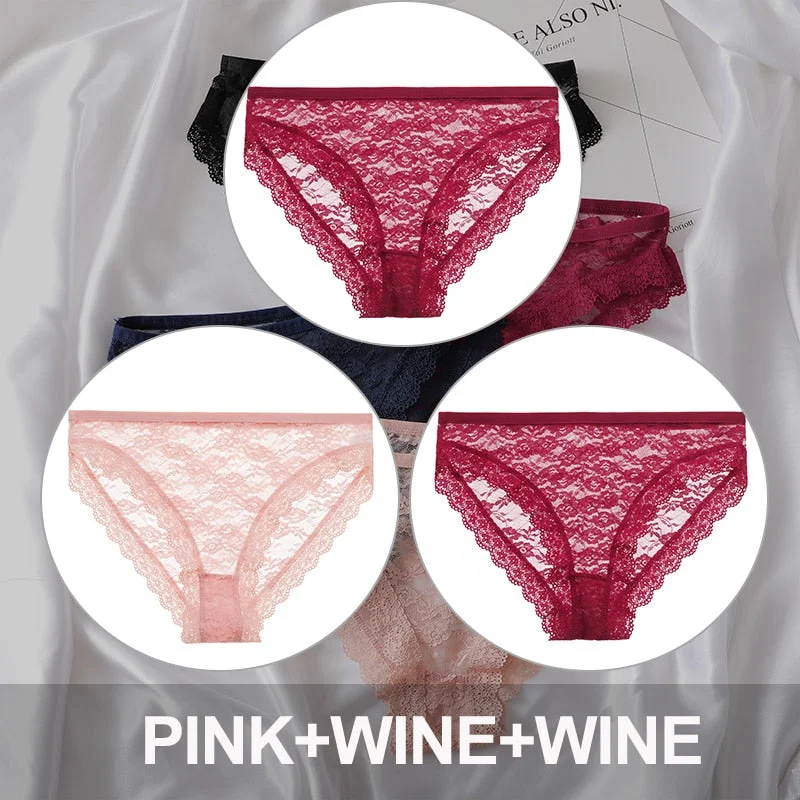 FINETOO 3PCS/Set Floral Lace Sexy Women Lingerie Panties M-2XL Plus Size Underpants Transparent Female Comfortable Briefs Girls