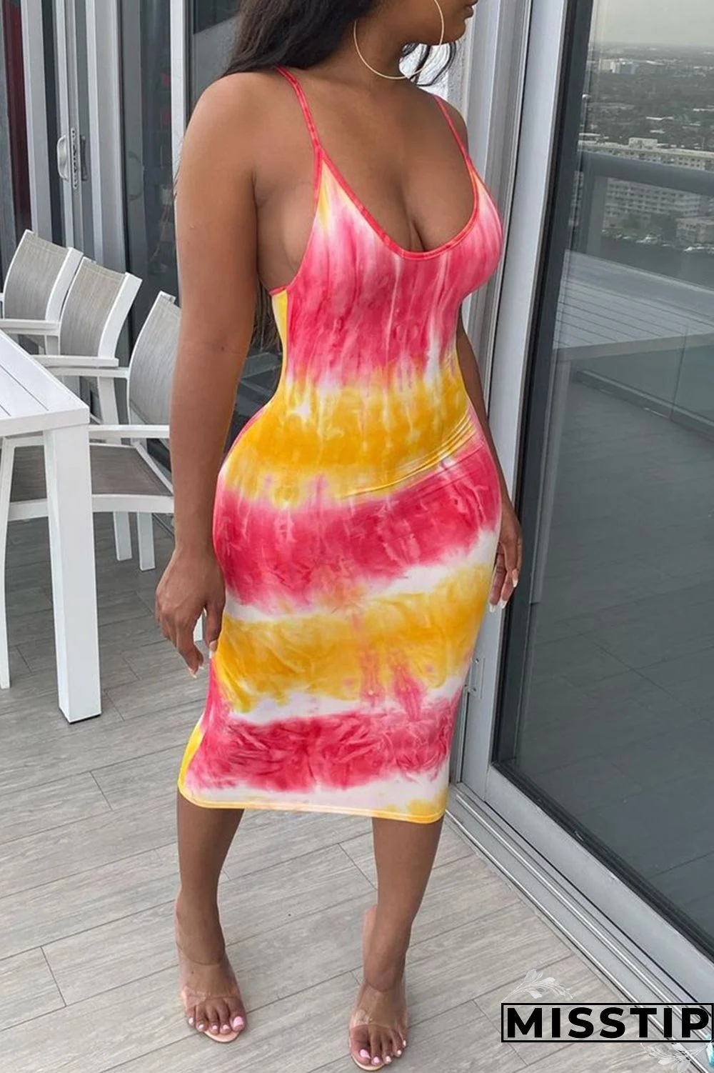 Yellow Fashion Sexy Print Basic U Neck Sling Dress