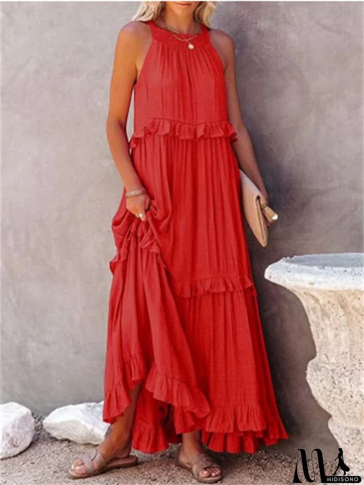 MidiSono - Romantic Ruffles Swing Sleeveless Halter Maxi Dress for Women