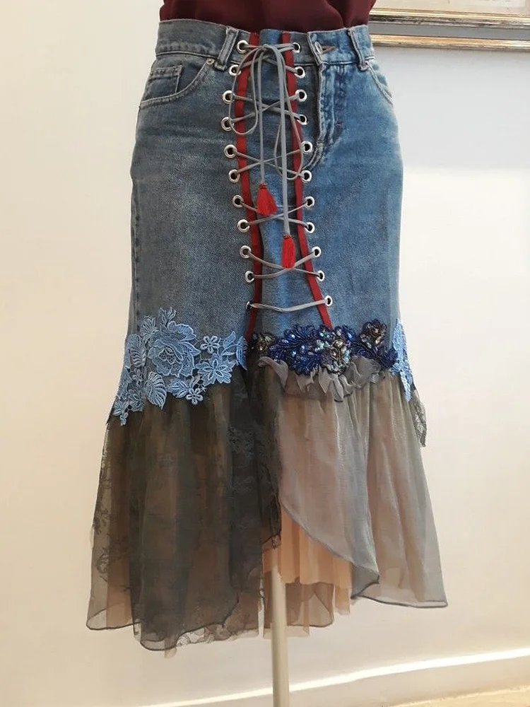 Lace Up Floral Embroidered Mesh Splicing Denim Midi Skirt