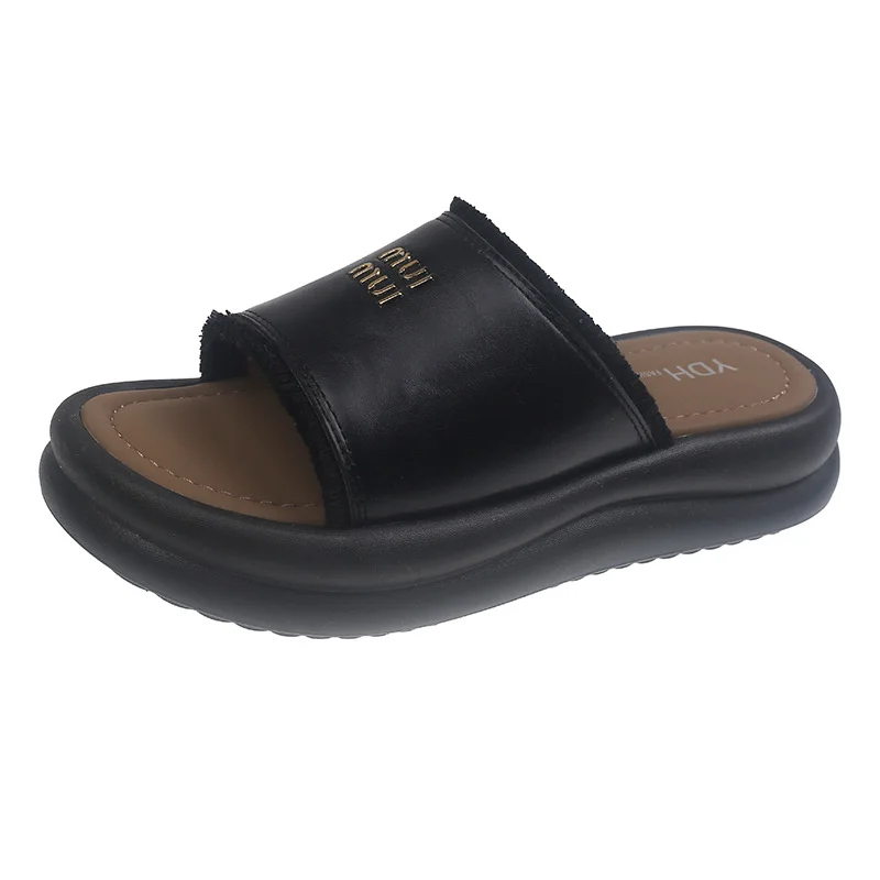 Yyvonne Summer New Pine Cake Bottom Toe Slippers Women Wearing Silver Simple Wind Half Dragging Feet Cold Drag