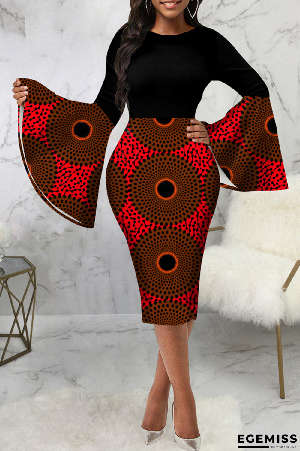 Red-brown Street Print Patchwork O Neck Pencil Skirt Dresses | EGEMISS