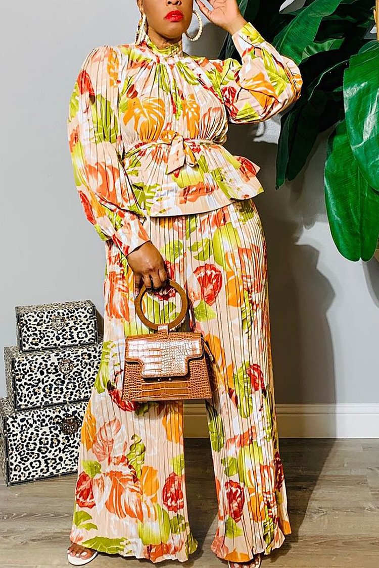 Xpluswear Plus Size Yellow Vacation Floral Print Pleated Two Pieces Pants Set