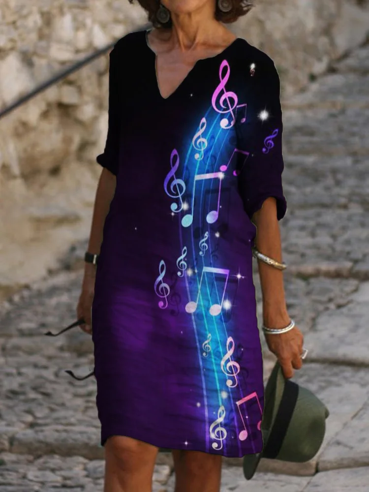 Elegant Glowing Music Notes Notch Neck Midi Dress