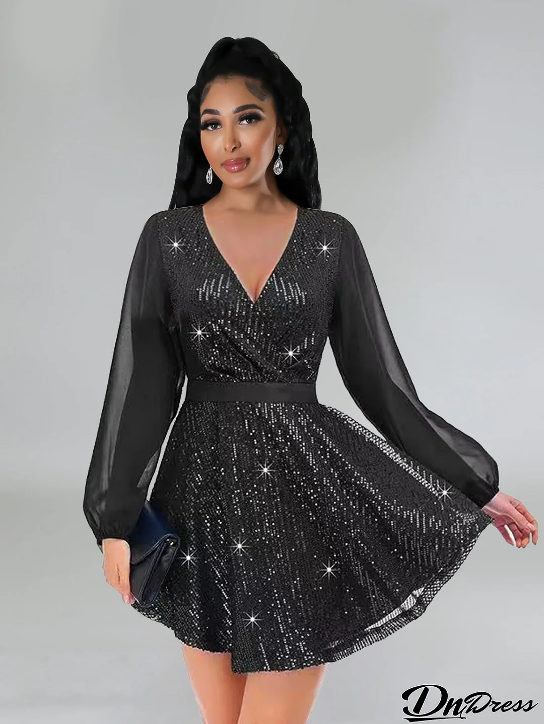 Women Sequin Party Long Sleeve Mini Dress