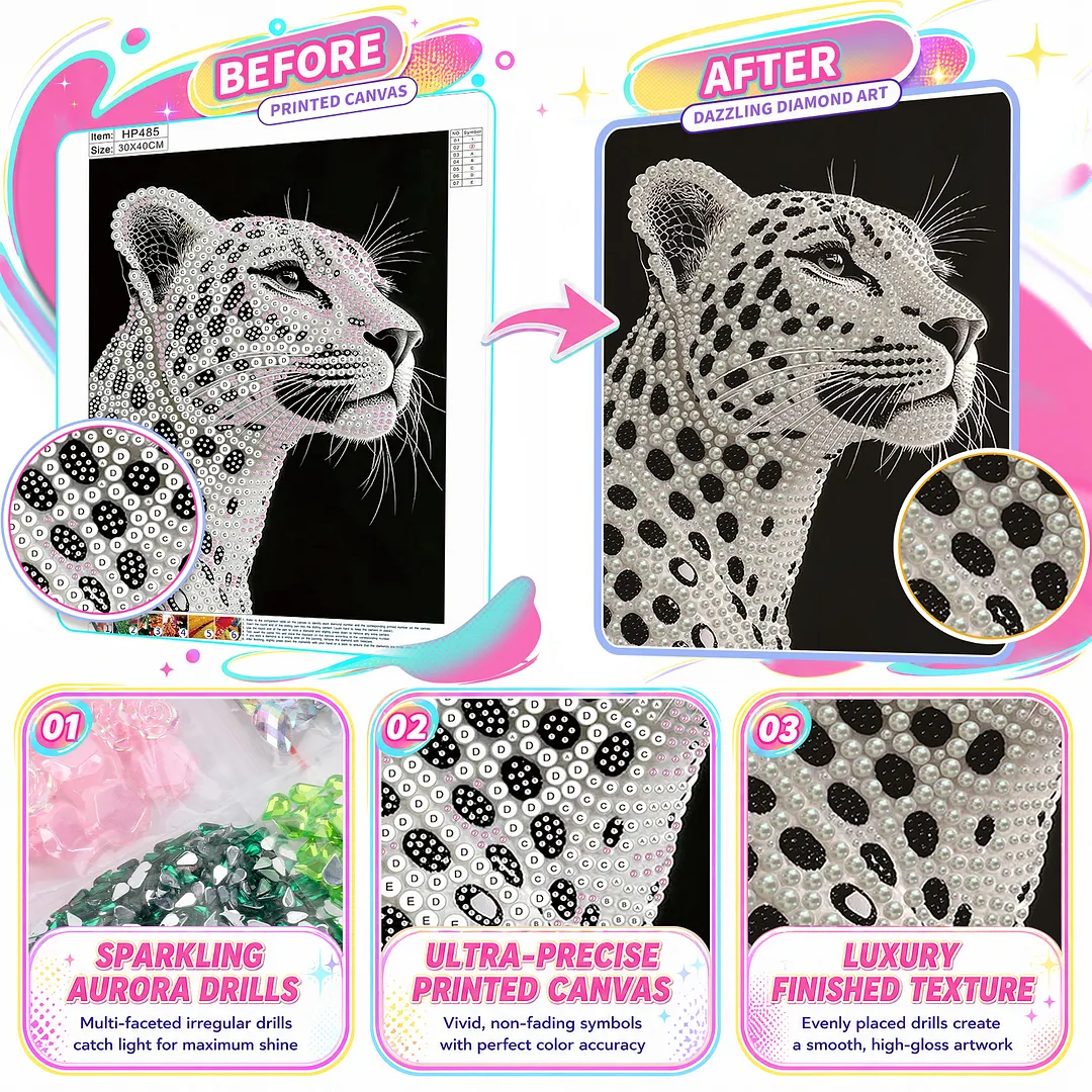 Spotted Leopard Special Shaped 5D DIY Partial Drill Diamond Pearl Painting Kit for Adults Beginners Home Decor Art Craft Pearl Diamond Painting 30x40cm