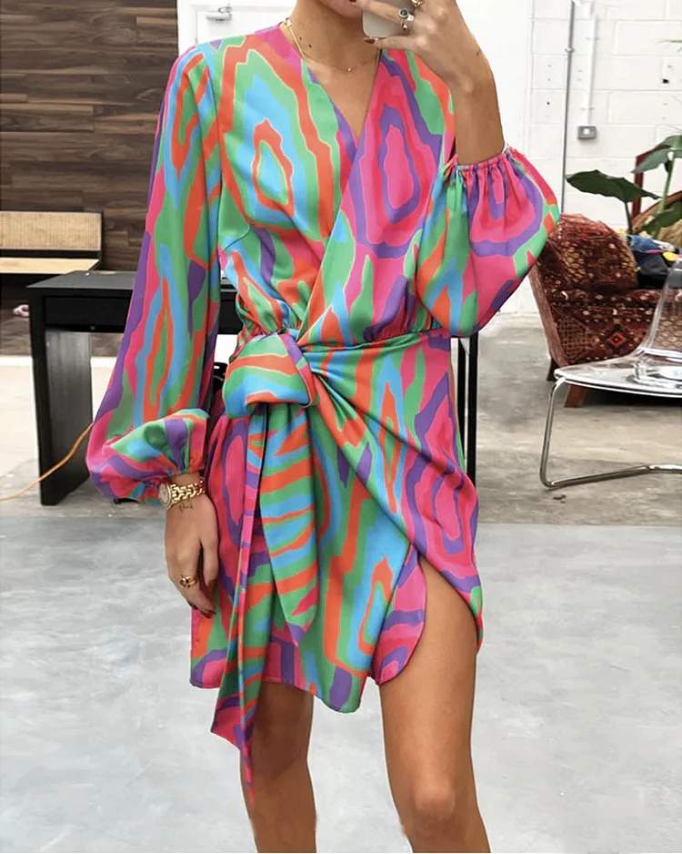 Fashion Balloon Sleeve Print Lace-Up Slit V-Neck Dress