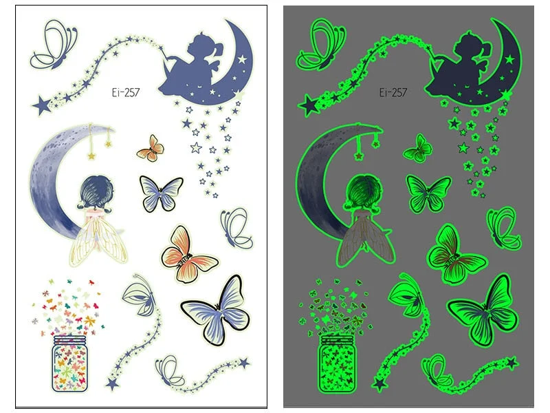 Night Luminous Tattoo Butterfly Starry Star Universe for Kids Fake Tattoo Glowing In Dark Waterproof Temporary Tattoo Stickers