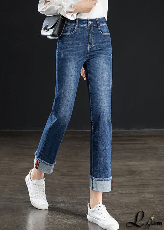 Fashion Navy Solid High Waist Cotton Straight Pants Summer