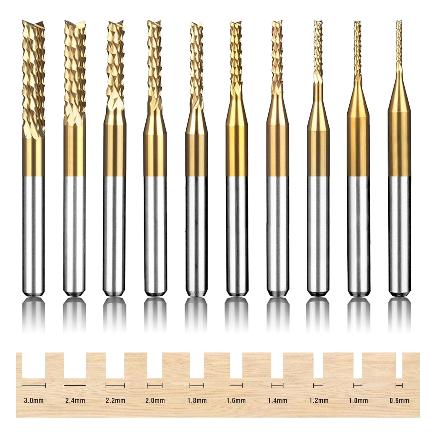 Titanium Coated Engraving Milling Cutter Carbide Bits, 0.8-3mm, 1/8'' Shank, 10 Pieces
