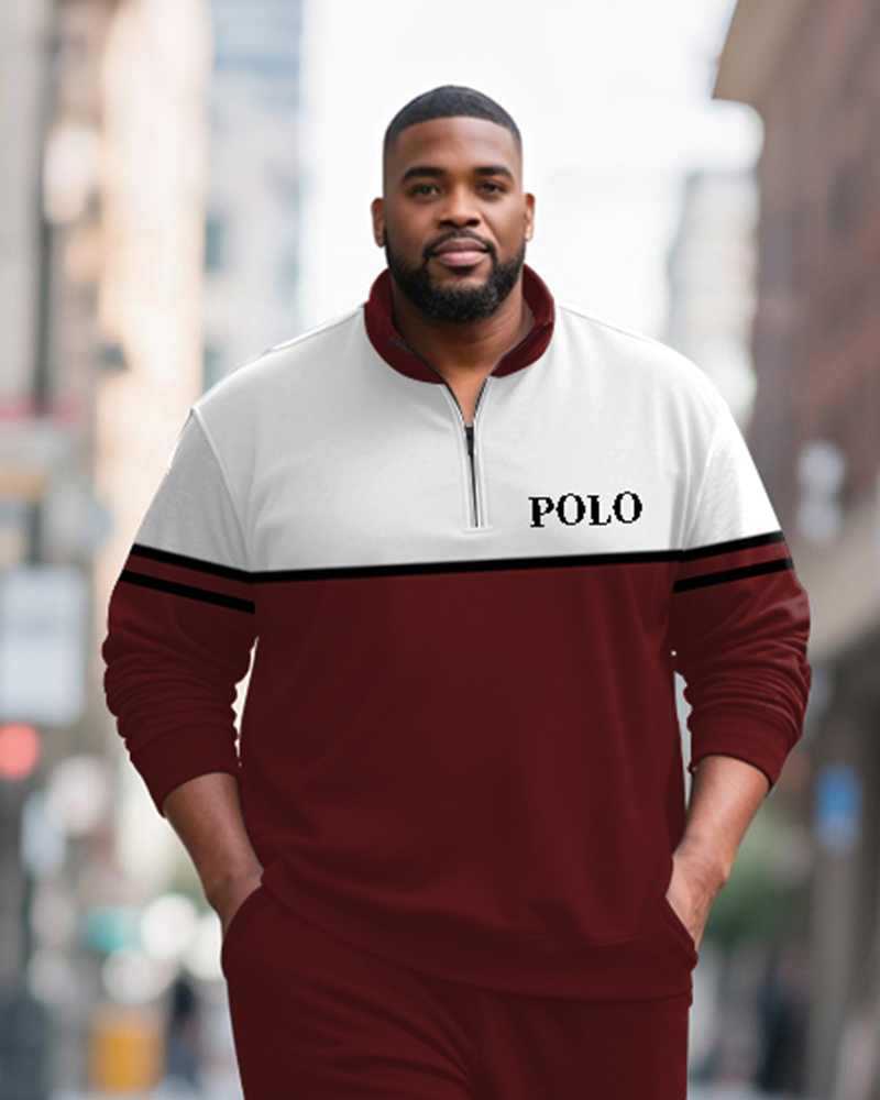 Big & Tall Men's Wine Red Striped Contrast Printed POLO Collar Zipper Long Sleeve Pants Two-piece Set