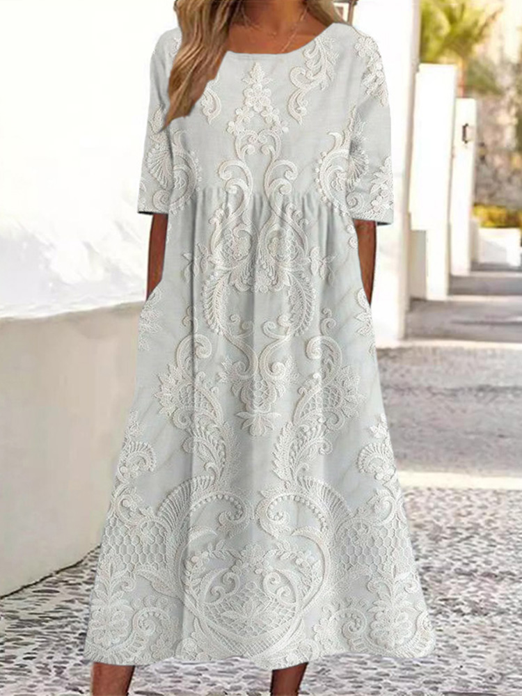 Vintage Crew Neck Lace Linen Blend Maxi Dress wearshes