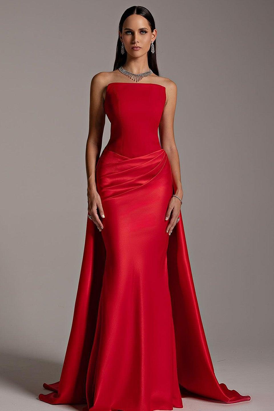 Lvs&Broner Red Strapless Sleeveless Long Mermaid Prom Dress With Pleated