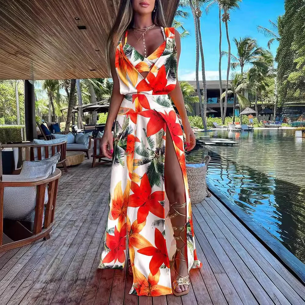 Athvotar Hot Style Summer Sleeveless V-Neck Print Hem Slit Dress Woman