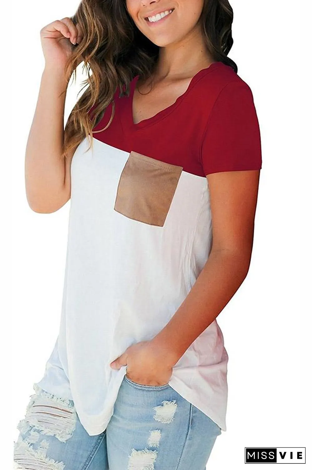 Mixed Color Pocket V Neck Top