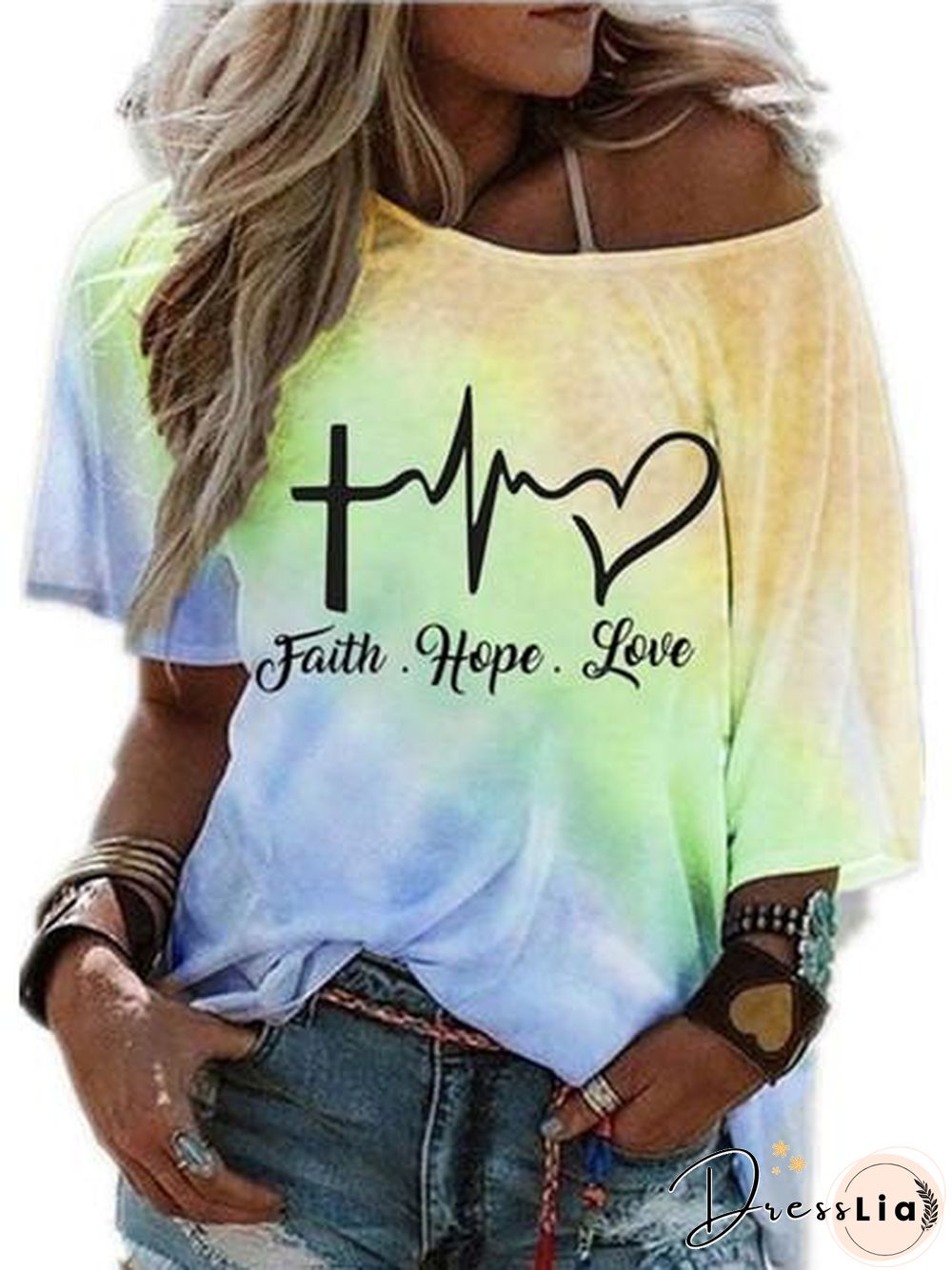 Hot-selling Stylish Tie-dye Gradient Print Short-sleeved Stiletto Off-the-shoulder Top T-shirt