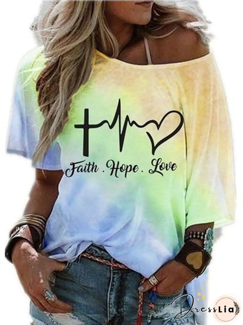 Hot-selling Stylish Tie-dye Gradient Print Short-sleeved Stiletto Off-the-shoulder Top T-shirt