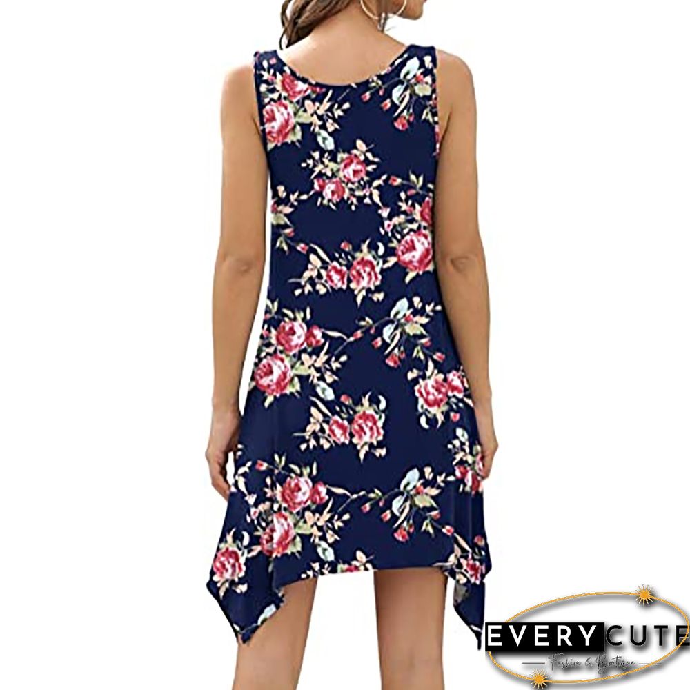 Navy Blue Floral Print Sleeveless Tank Dress