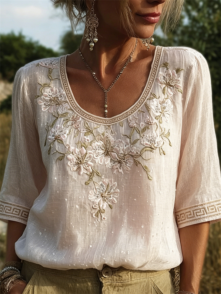 Classy White Flowers Comfy Linen Tunic elevenforest