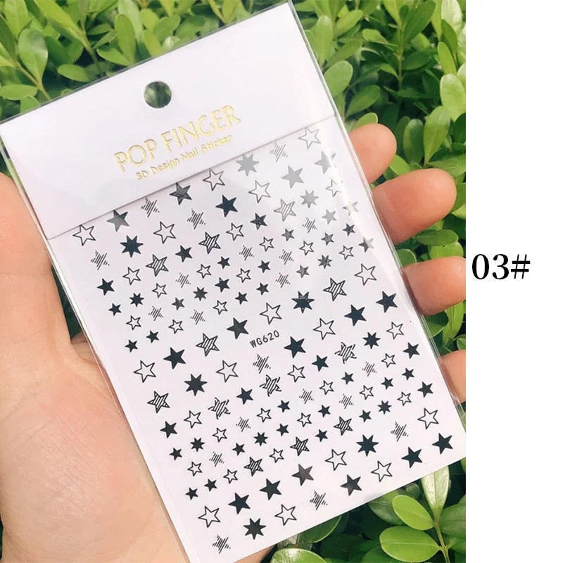 Star Nail Art 3D Stickers Black White Gold Love Hearts Pattern Nail Decals Manicures Nails Design Adhesive Wraps Tip Decoration