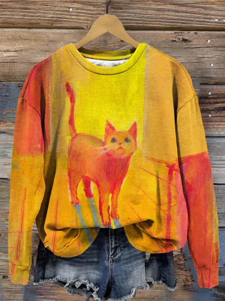 Comstylish Love Cat Art Pattern Crew Neck Vintage Sweatshirt